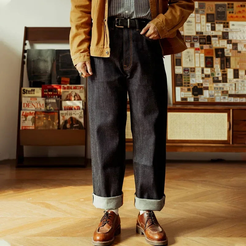 Men’s Relaxed Straight Raw Denim Jeans – Vintage Selvedge Pants