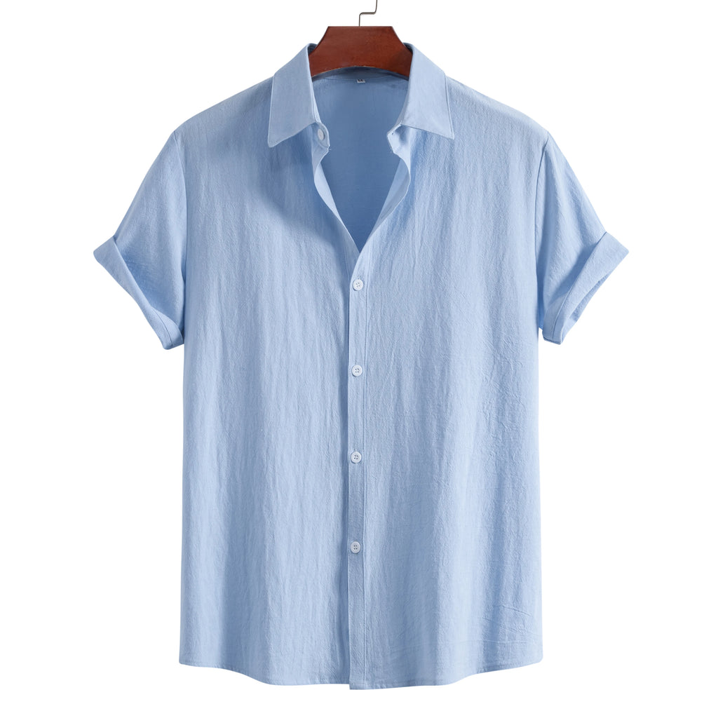 Men’s Cotton Short Sleeve Lapel Shirt – Solid Color Casual Summer Top