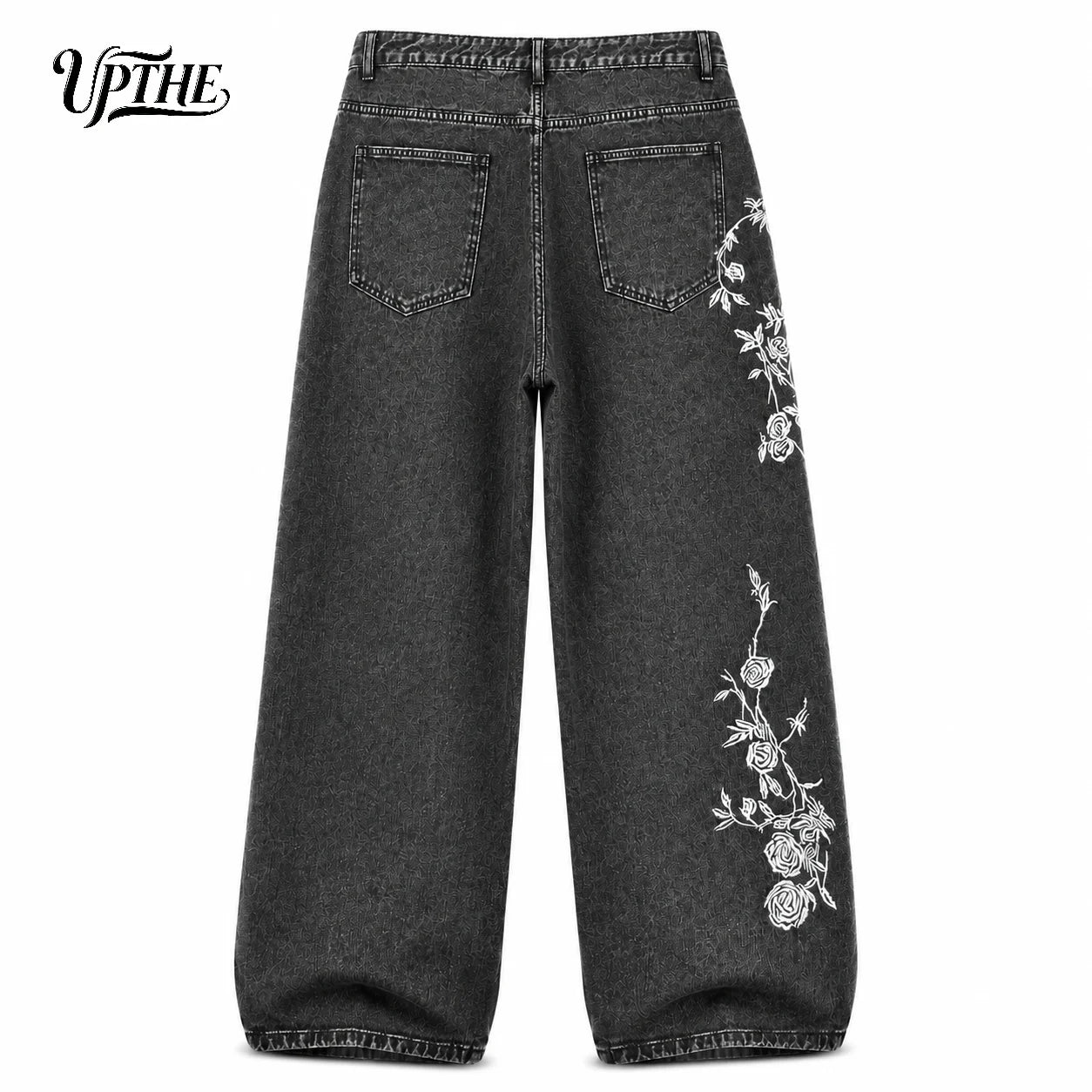 Men’s Washed Black Wide Leg Jeans – Oversized Rose Embroidery Denim Pants