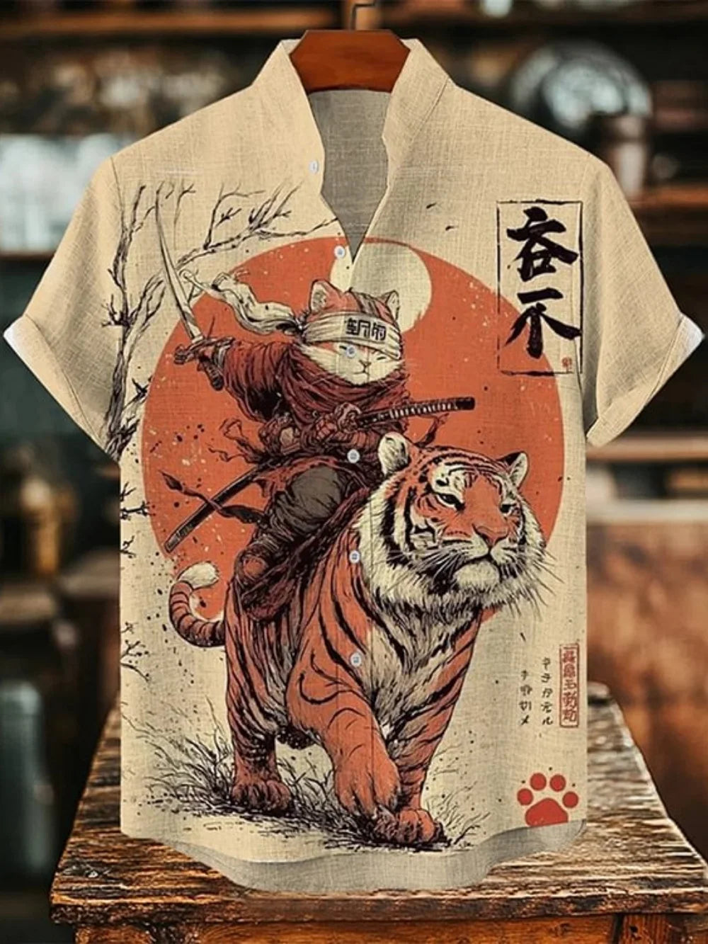 Men’s Linen Printed Shirt – Japanese Style Stand Collar Casual Top