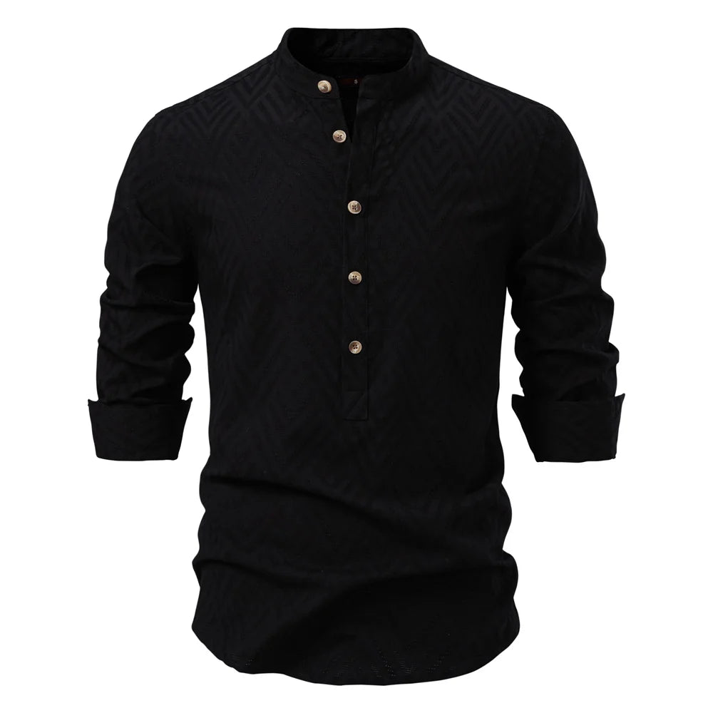 Men’s 100% Cotton Half-Button Shirt – Solid Color Casual Long Sleeve Top