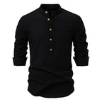 Men’s 100% Cotton Half-Button Shirt – Solid Color Casual Long Sleeve Top