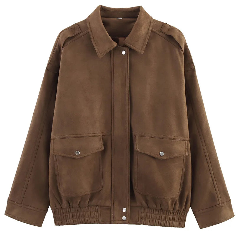 Women’s Suede Cropped Bomber Jacket – Chic Long Sleeve Outerwear