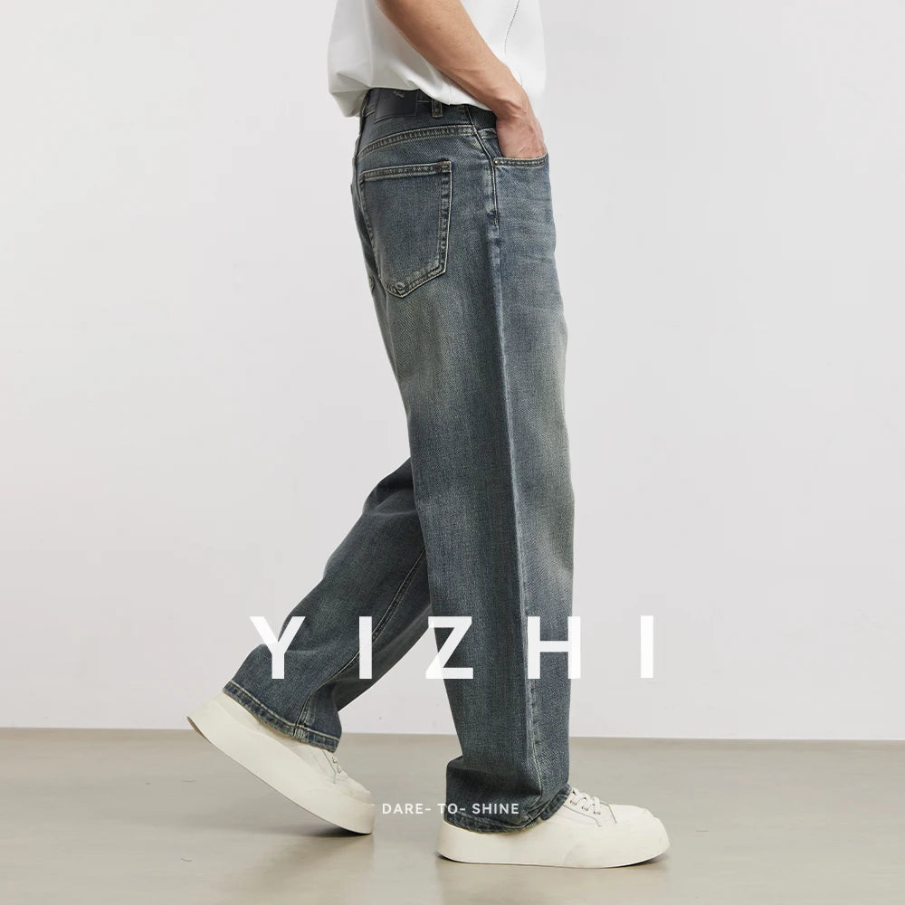 Men’s Vintage Washed Cut-Off Jeans – Loose Straight Wide Leg Denim Pants