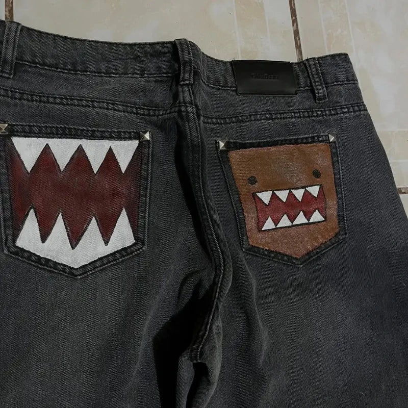Washed Black Monster Embroidery Jeans – Unisex Baggy Wide Leg Denim Pants