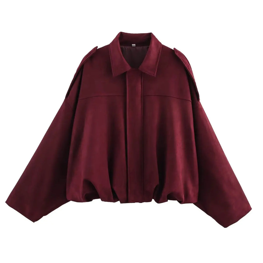 Suede Oversized Bomber Jacket – Women’s Long Sleeve Zip-Up Coat
