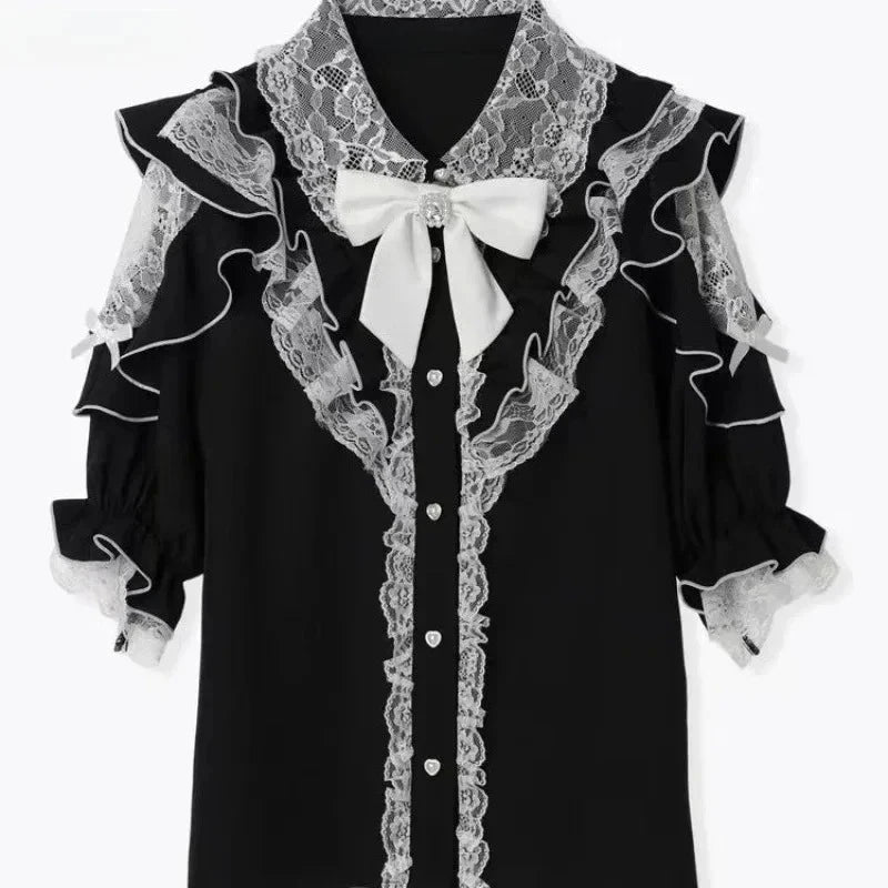 Lolita Bow Lace Blouse – Women’s Black & White Long Sleeve Shirt