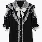 Lolita Bow Lace Blouse – Women’s Black & White Long Sleeve Shirt