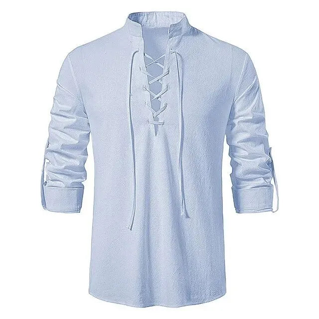 Men’s Cotton Linen Drawstring Shirt – Vintage Long Sleeve Casual Top