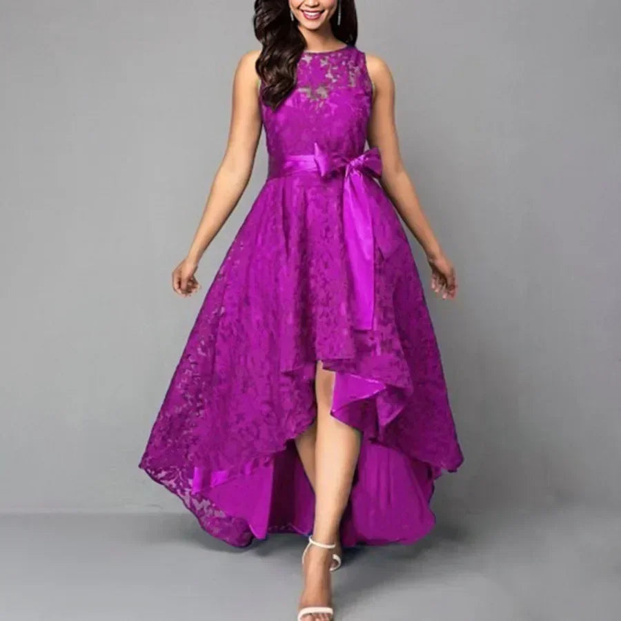Elegant Lace Bridesmaid Maxi Dress – Women’s High Waist Bow Evening Gown