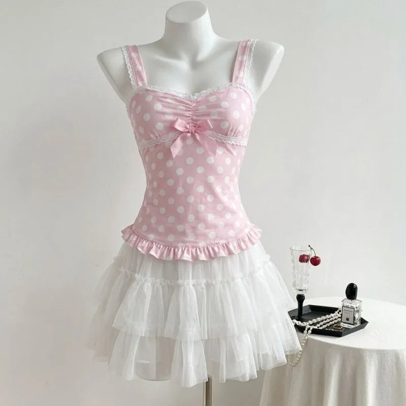 Vintage Polka Dot Lace Patchwork Crop Tank Top – Women’s Summer Cami