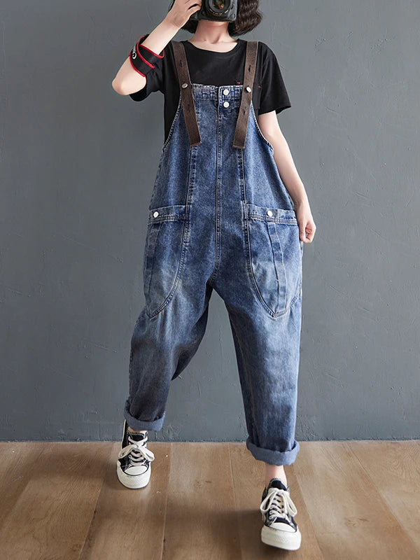 Women’s High Waist Denim Overalls – Loose Fit Cropped Summer Pants