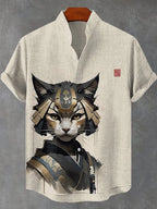 Men’s Linen Printed Shirt – Japanese Style Stand Collar Casual Top