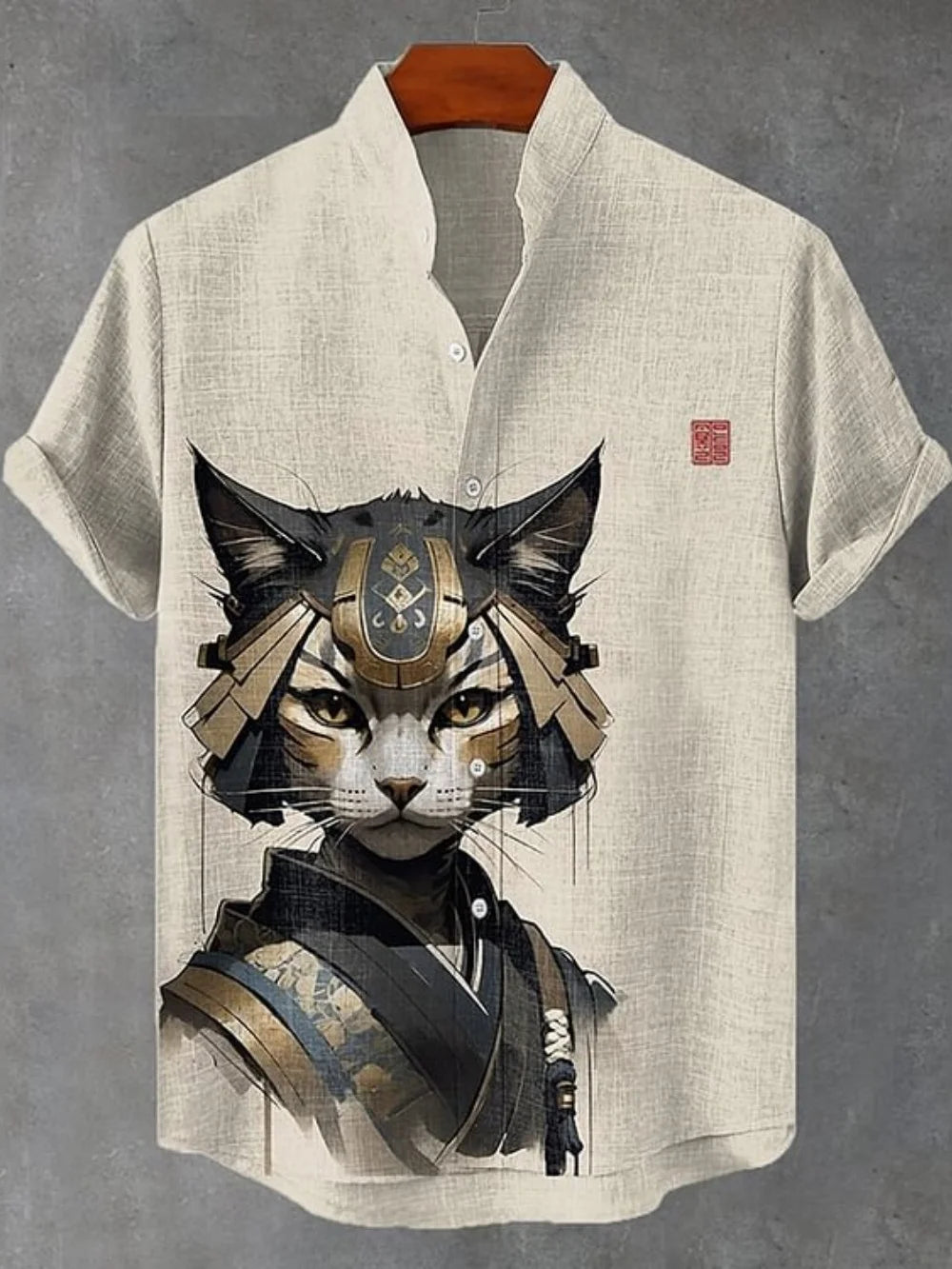 Men’s Linen Printed Shirt – Japanese Style Stand Collar Casual Top