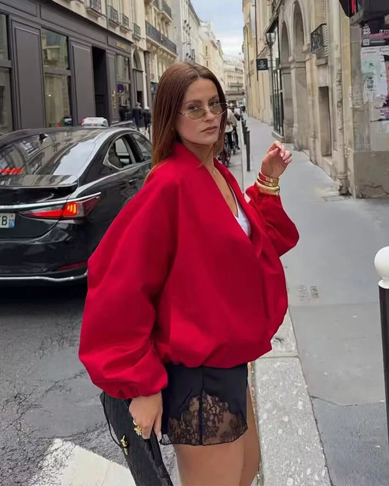 Women’s Red Pilot Jacket – Loose Fit Autumn Chic Outerwear