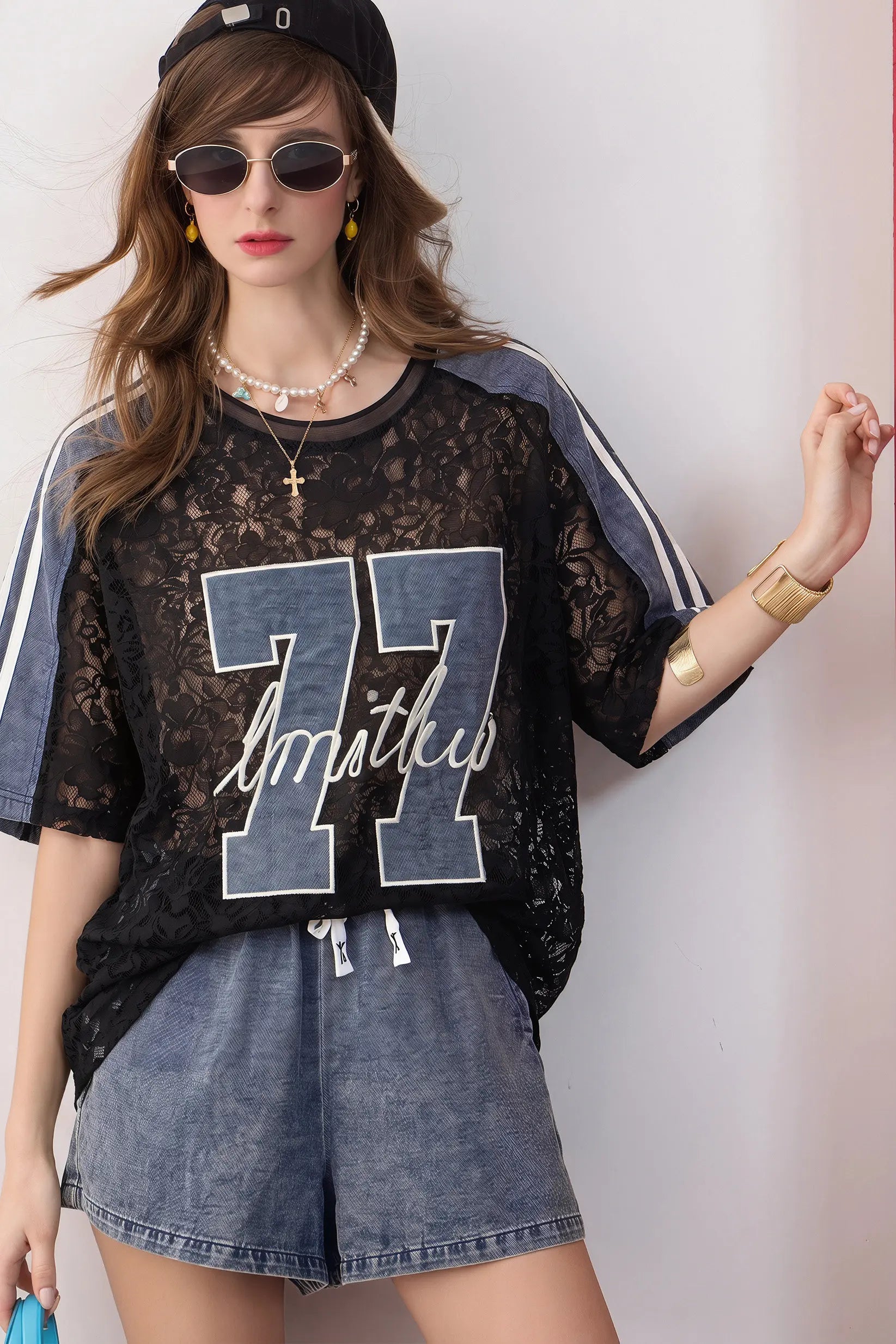 Women’s Lace Denim Patch Streetwear T-Shirt