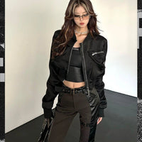 Women’s Cropped Baseball Bomber Jacket – Black Zip-Up Spring Outerwear