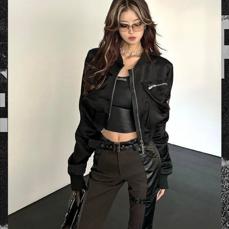 Women’s Cropped Baseball Bomber Jacket – Black Zip-Up Spring Outerwear