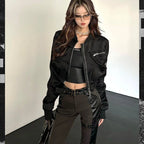 Women’s Cropped Baseball Bomber Jacket – Black Zip-Up Spring Outerwear