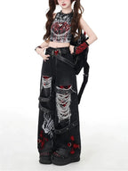 Women’s Red Grid Wide Leg Jeans – High Waist Punk Denim Pants
