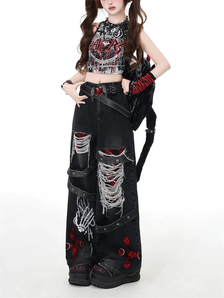 Women’s Red Grid Wide Leg Jeans – High Waist Punk Denim Pants