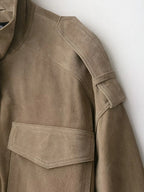 Women’s Suede Bomber Jacket – Loose Fit Long Sleeve Pocket Coat
