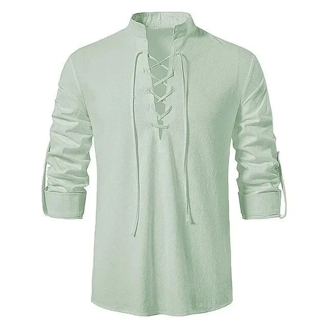 Men’s Cotton Linen Drawstring Shirt – Vintage Long Sleeve Casual Top