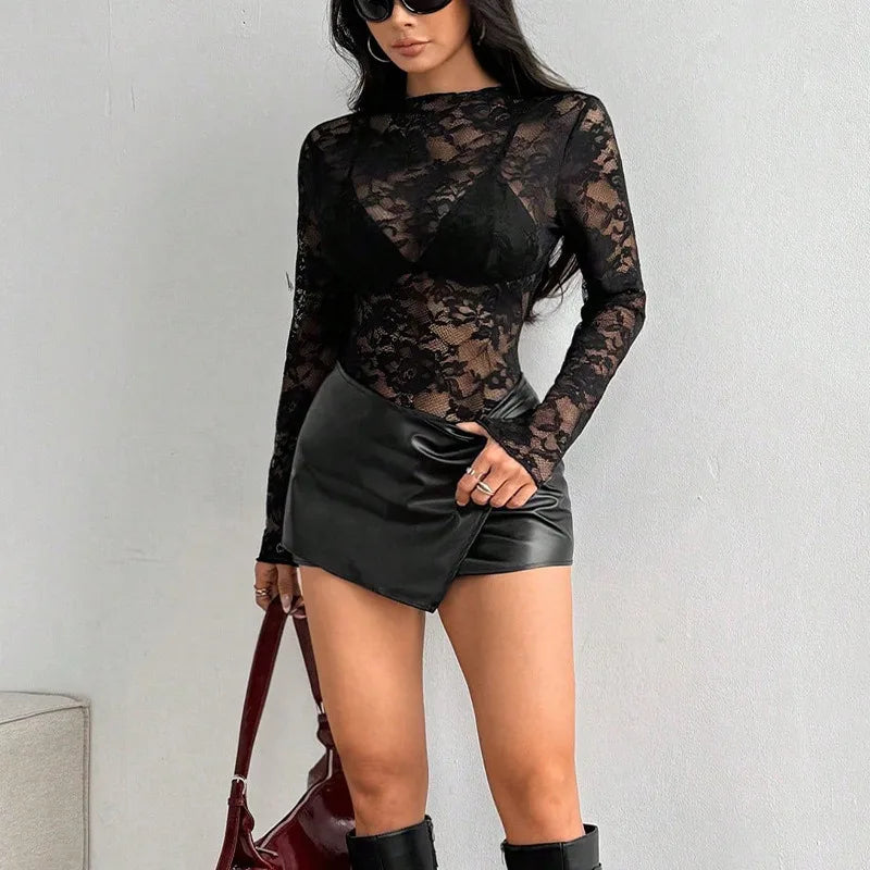 Women’s Black Lace Sheer Long Sleeve Top