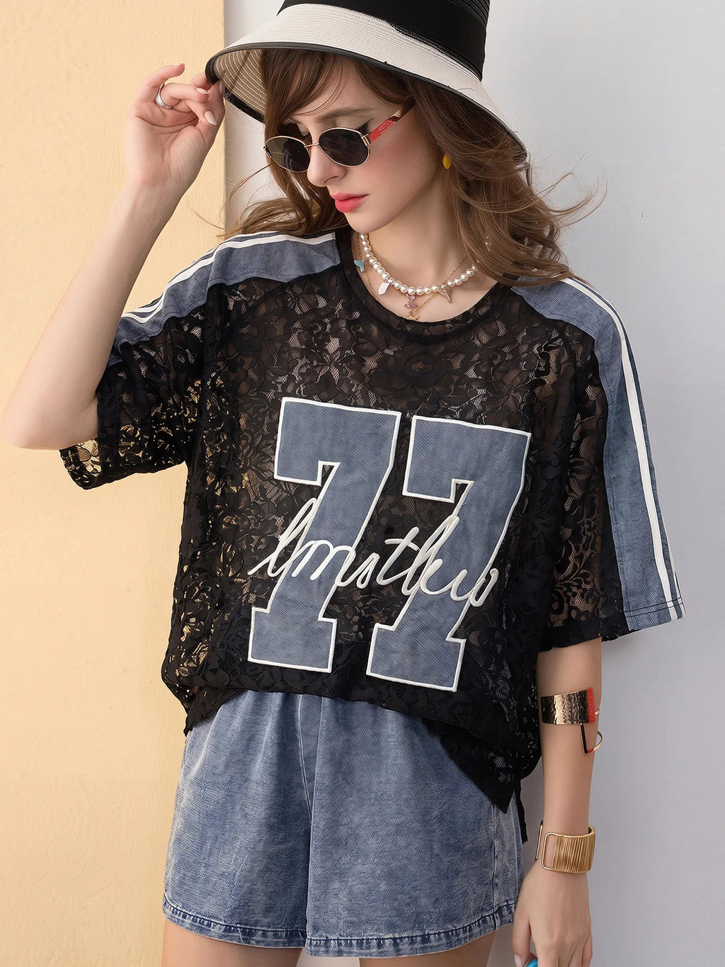 Women’s Lace Denim Patch Streetwear T-Shirt