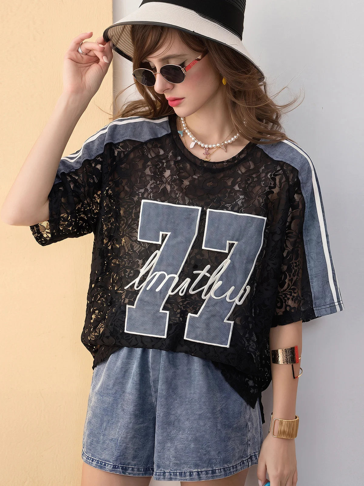 Women’s Lace Denim Patch Streetwear T-Shirt