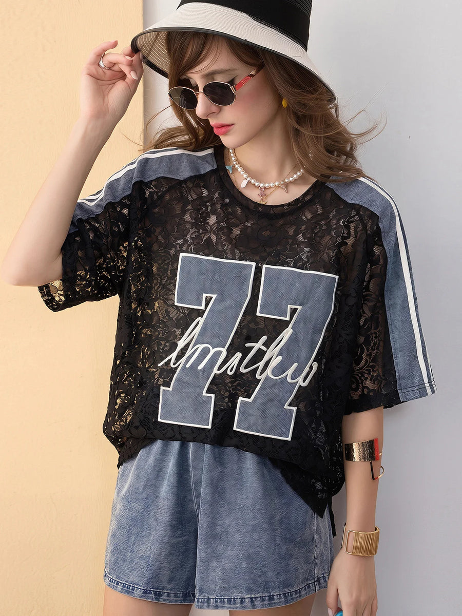Women’s Lace Denim Patch Streetwear T-Shirt