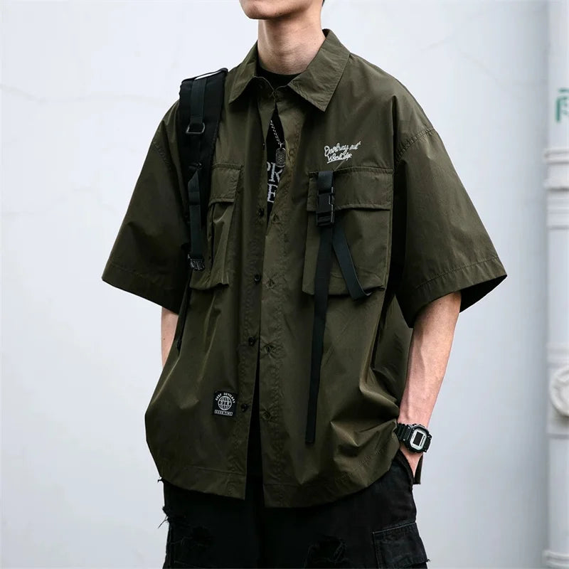 Men’s Oversized Cargo T-Shirt – Japanese Retro Multi-Pocket Y2K Streetwear Tee