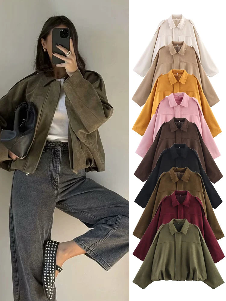 Suede Oversized Bomber Jacket – Women’s Long Sleeve Zip-Up Coat