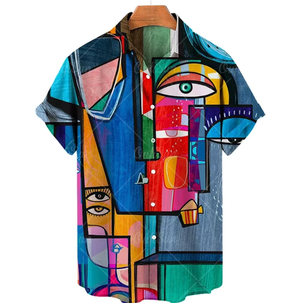 Men’s Cat Print Button-Up Shirt – Oversized Short Sleeve Summer Hawaiian Top