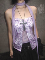 Vintage Leopard Lace Patchwork Cami – Women’s Y2K Sleeveless Summer Top
