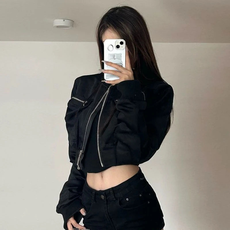 Women’s Cropped Baseball Bomber Jacket – Black Zip-Up Spring Outerwear