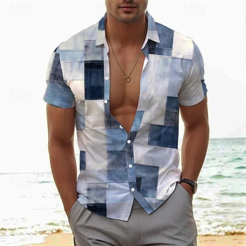 Men’s Vintage Patchwork Printed Shirt – Short Sleeve Tropical Vacation Top