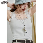 Elegant Lace Trim Ribbed Tank Top – Women’s Sleeveless White Cami