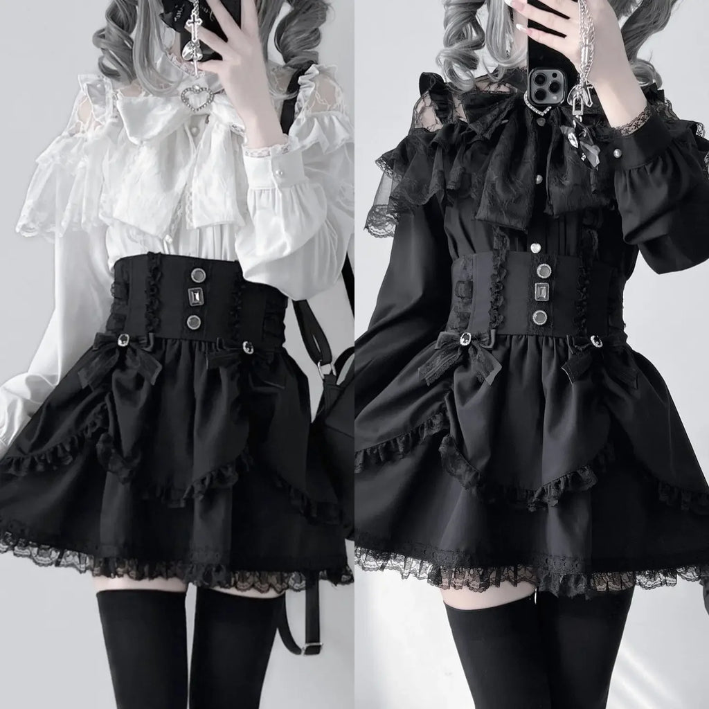 Lolita Bow Lace Blouse – Women’s Black & White Long Sleeve Shirt