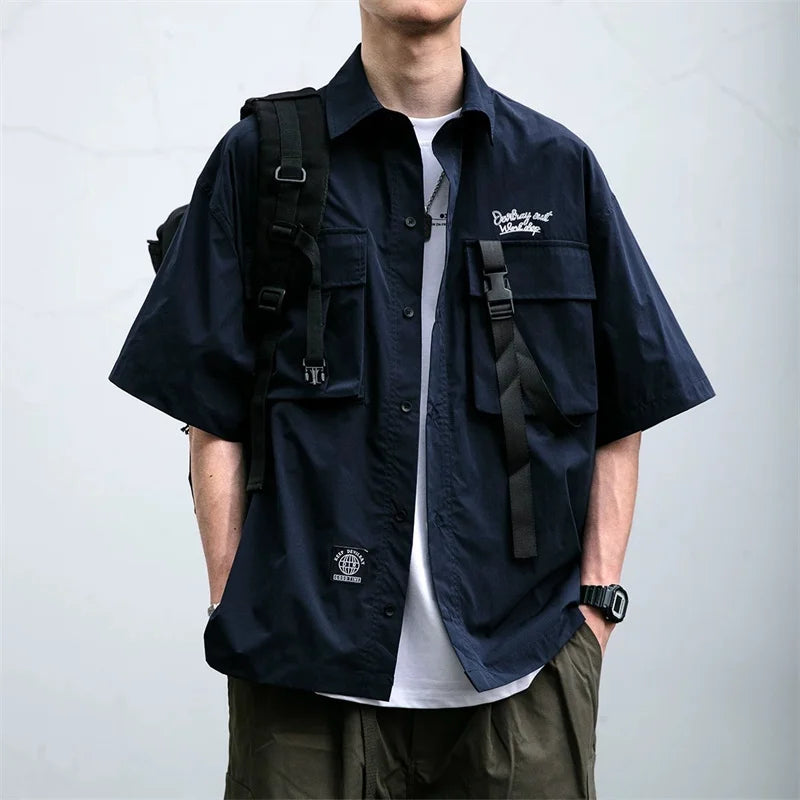 Men’s Oversized Cargo T-Shirt – Japanese Retro Multi-Pocket Y2K Streetwear Tee