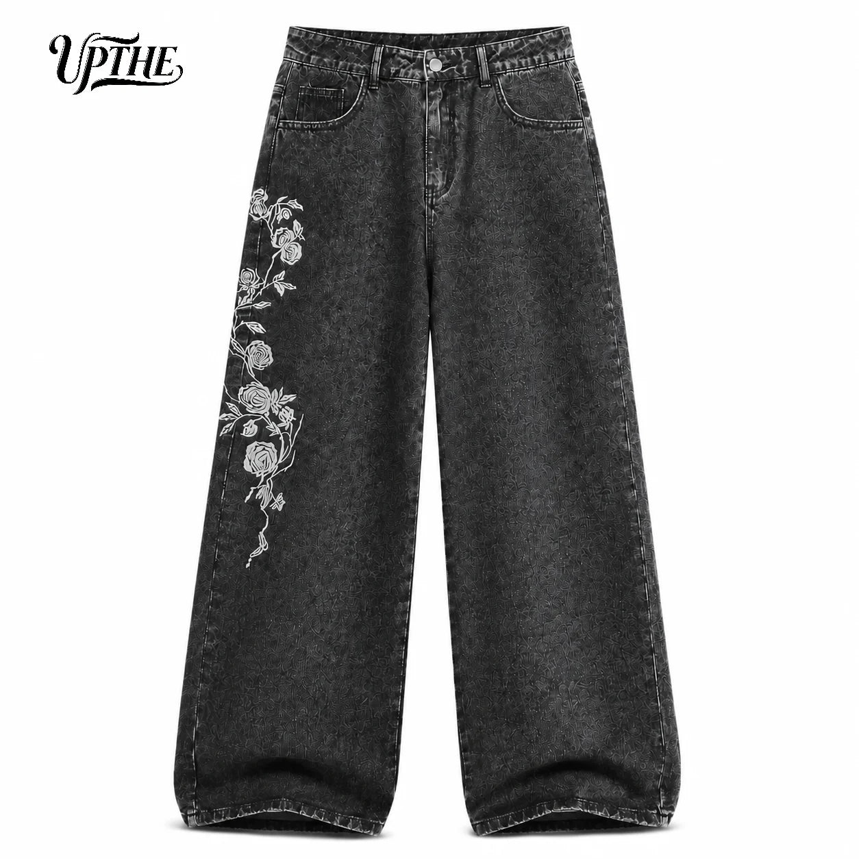 Men’s Washed Black Wide Leg Jeans – Oversized Rose Embroidery Denim Pants