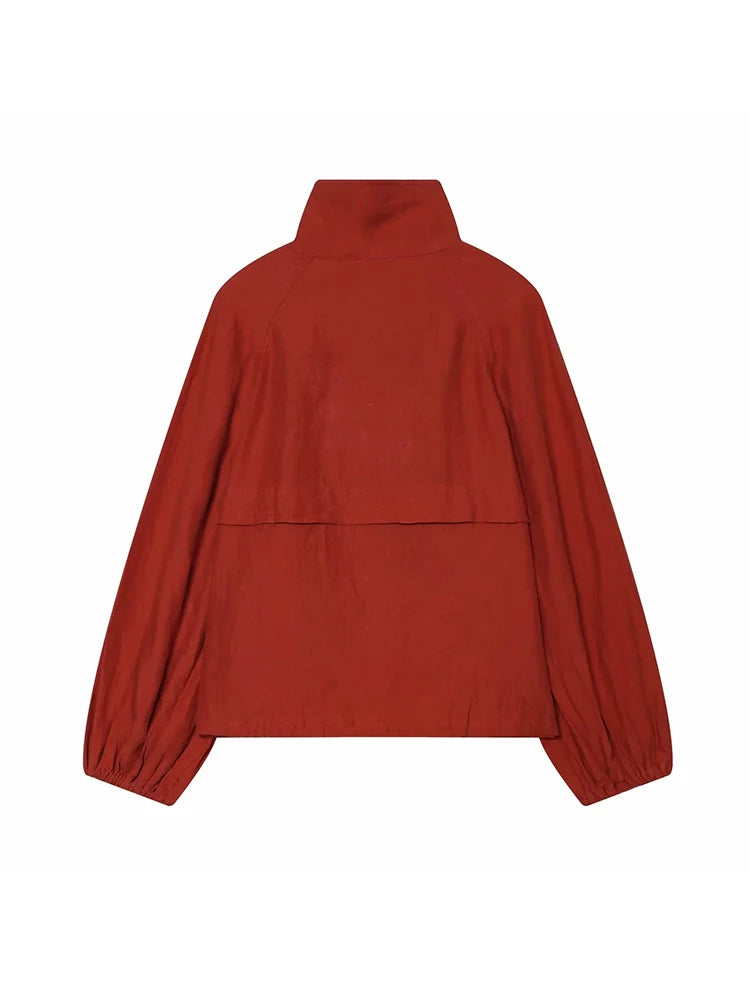 Women’s Red Cropped Bomber Jacket – Loose Fit Stand Collar Coat