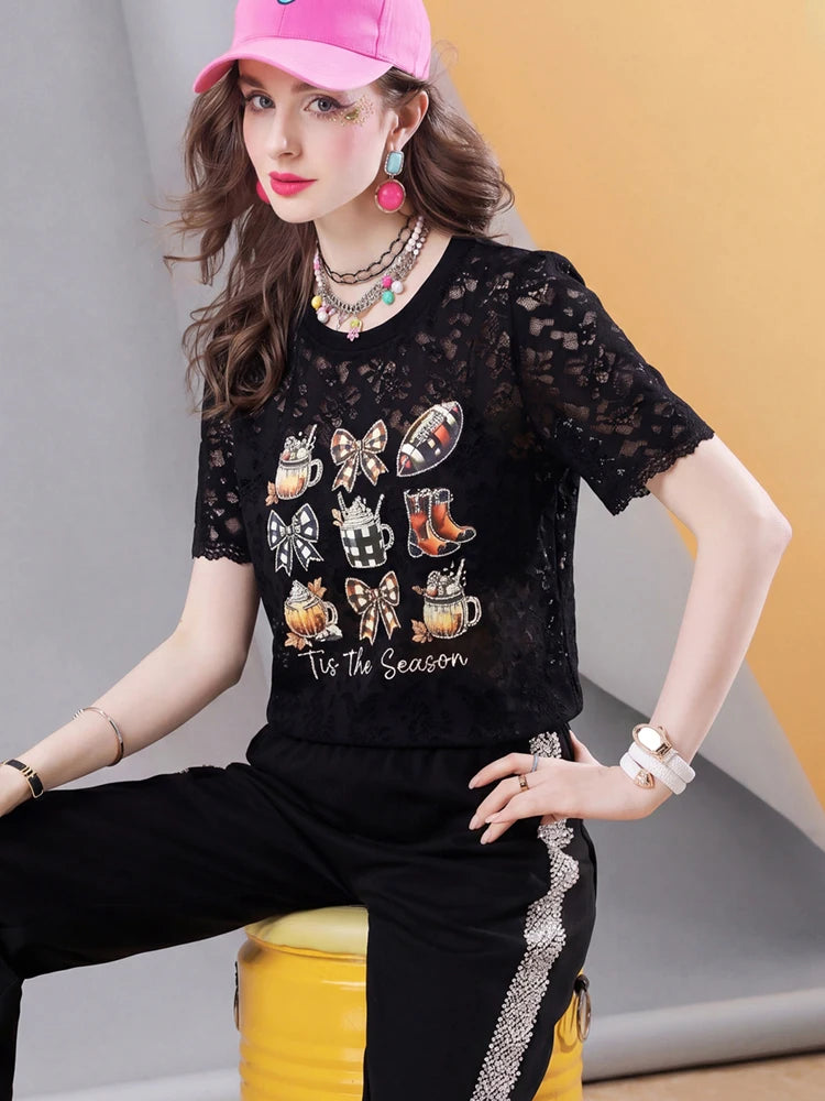 Women’s Vintage Black Lace Graphic Tee
