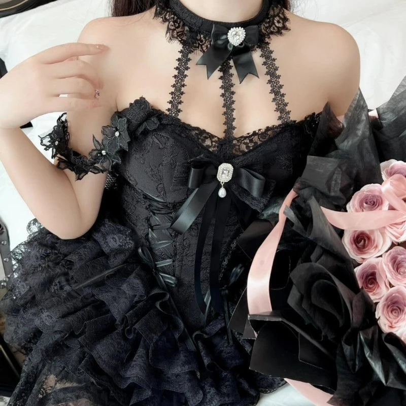 Victorian Sweet Lolita Mini Dress – Women’s Bow Lace Halter Party Dress