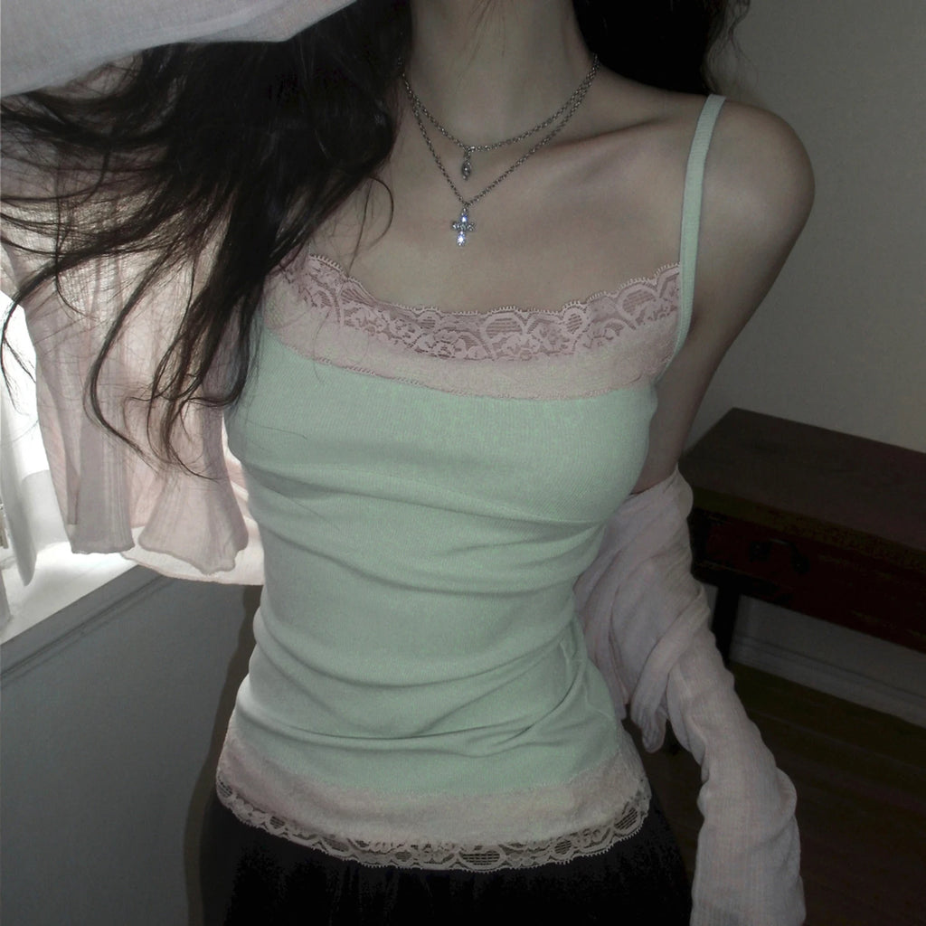 Lace Trim Patchwork Camisole – Women’s Y2K Spaghetti Strap Tank Top