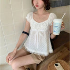 Vintage Polka Dot Lace Blouse – Women’s Puff Sleeve Summer Top