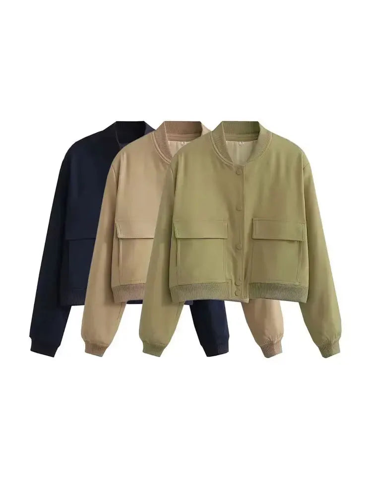 Women’s Vintage Button-Up Bomber Jacket – Long Sleeve Casual Outerwear