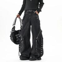 Men’s Multi Pocket Patchwork Jeans – Wide Leg Streetwear Denim Pants