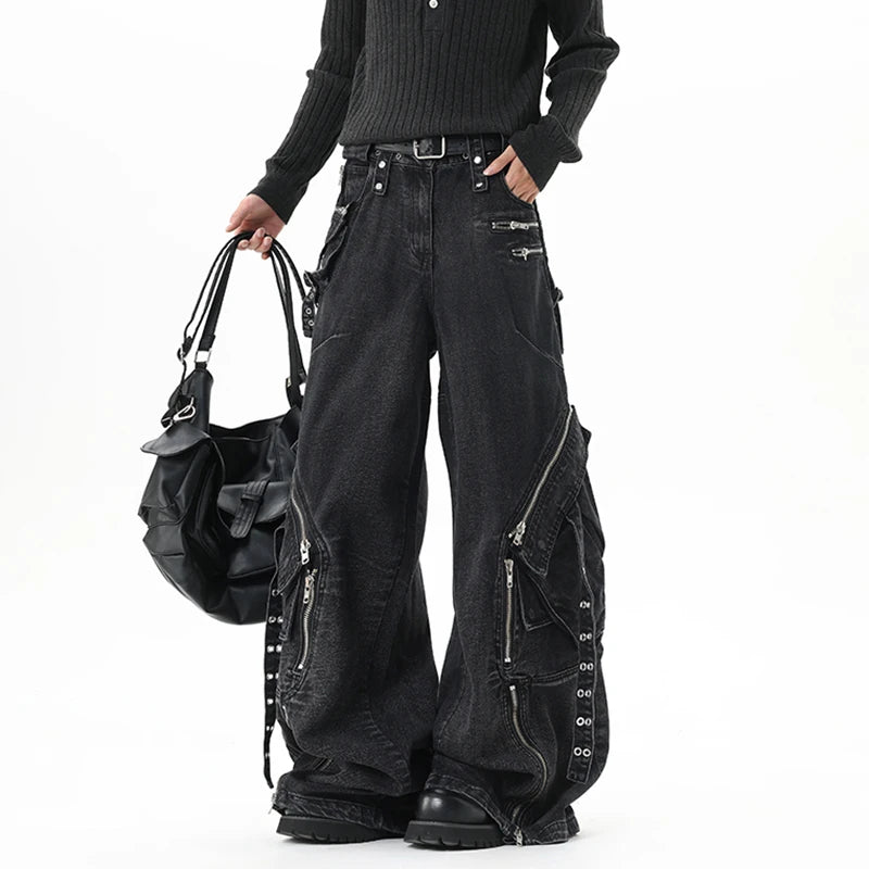 Men’s Multi Pocket Patchwork Jeans – Wide Leg Streetwear Denim Pants