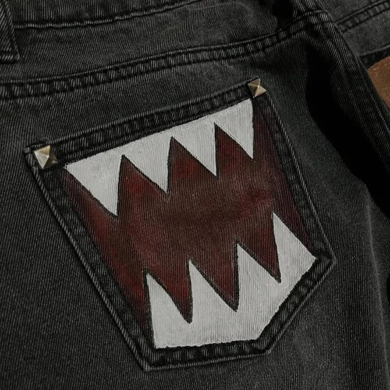 Washed Black Monster Embroidery Jeans – Unisex Baggy Wide Leg Denim Pants